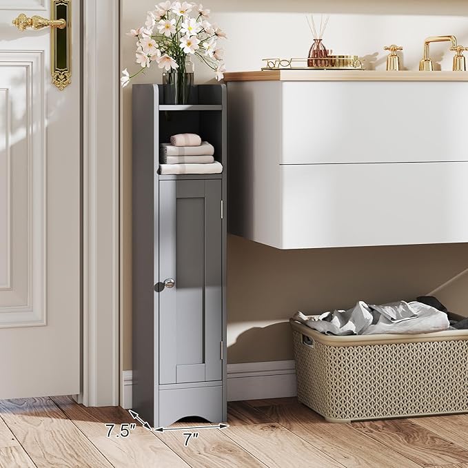 Tangkula Small Bathroom Storage Cabinet with Door, Toilet Paper Holder Stand with Adjustable Shelves & Open Compartment for Small Spaces, Narrow Freestanding Storage, 7 x 7.5 x 31.5 Inches (Grey)