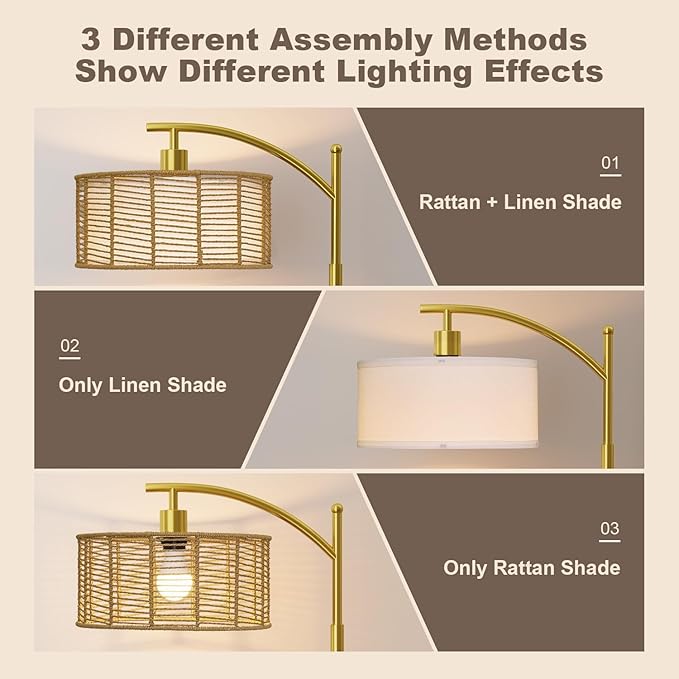 Oneach 62.5" Arc Floor Lamp for Living Room, Rattan Boho Floor Lamp with Gold Metal Base, Double Shades, Farmhouse Rustic Modern Standing Lamp for Bedroom Office Corner