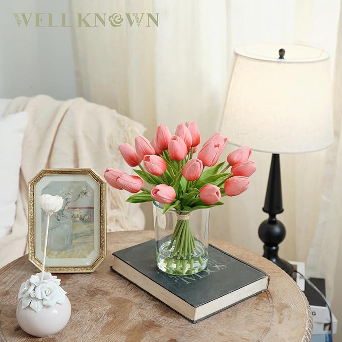 WELL KNOWN 20 Pcs Tulips Artificial Flowers in Vase, Real Touch Tulips with Vase with Upgrate Acrylic Water Flower Arrangements Centerpiece for Dining Room Table Decoration