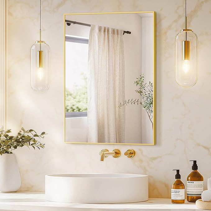Bathroom Vanity Mirror for Wall, 20" x 30" Metal Framed Rectangular Bathroom Wall Mirror for Over Sink, HD Shatterproof Glass, Hangs Horizontally or Vertically(Gold)