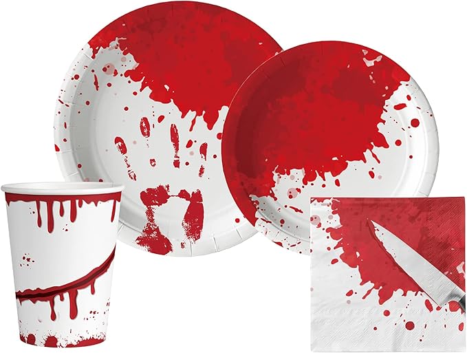 Bloody Halloween Tableware Pack: Disposable Paper Plates, Napkins and Cups Set for 20