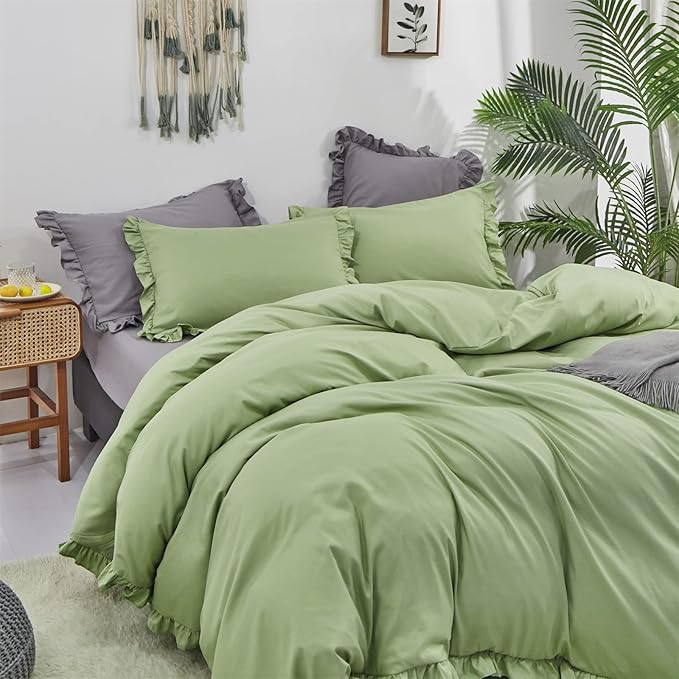 Luxlovery Sage Green Ruffle Comforter Set Queen Light Green Farmhouse Bedding Comforter Set Full Shabby Chic Solid Blanket Quilts Soft Breathable Vintage Bedding Set
