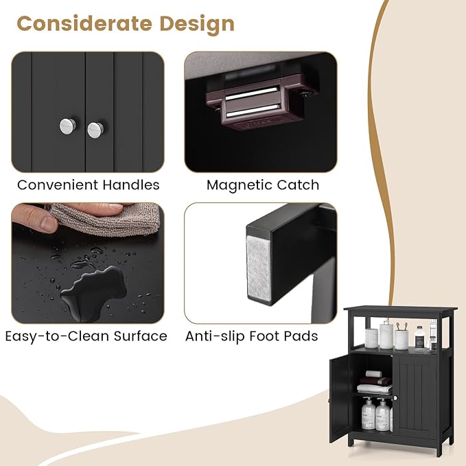 GOFLAME Bathroom Cabinet, Floor Storage Organizer with 2 Doors, 2 Open Shelves, 3-Level Adjustable Shelf, Modern Storage Unit for Laundry Room, Entryway, Living Room, Black