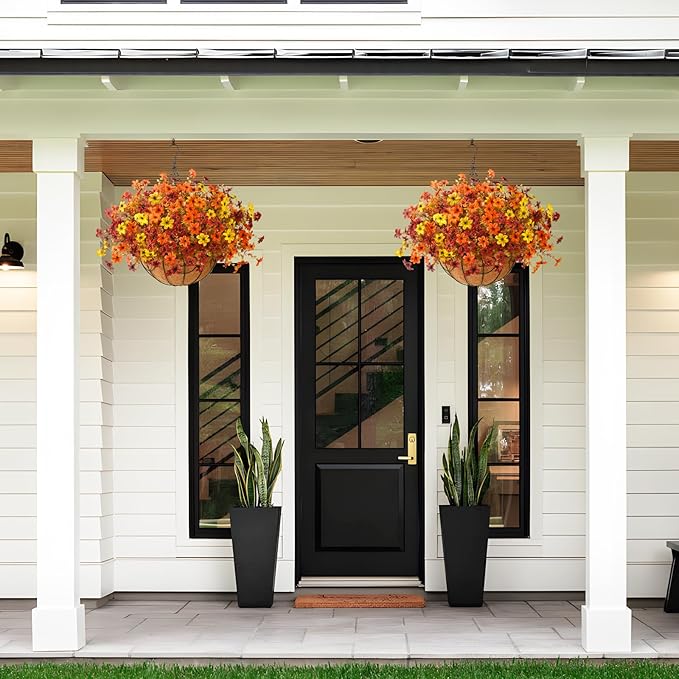 Artificial Flowers Fall Hanging Basket Plants for Outdoor Decorations, Fake Mums Faux Silk Flower UV Resistant Autumn Decor for Outside Garden Patio Front Porch Balcony Window (Orange Brown Yellow)