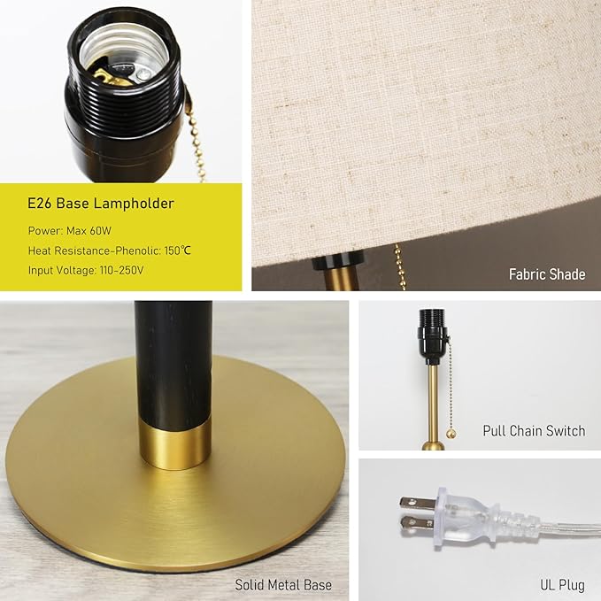 21" Modern Table Lamp Bedside Lamps for Bedroom Living Room Nightstand Lamp for End Tables 3-Color Temperatures Pull Chain Switch Wood Fabric for Home Office Desk Decor (Light Brown+Brass)