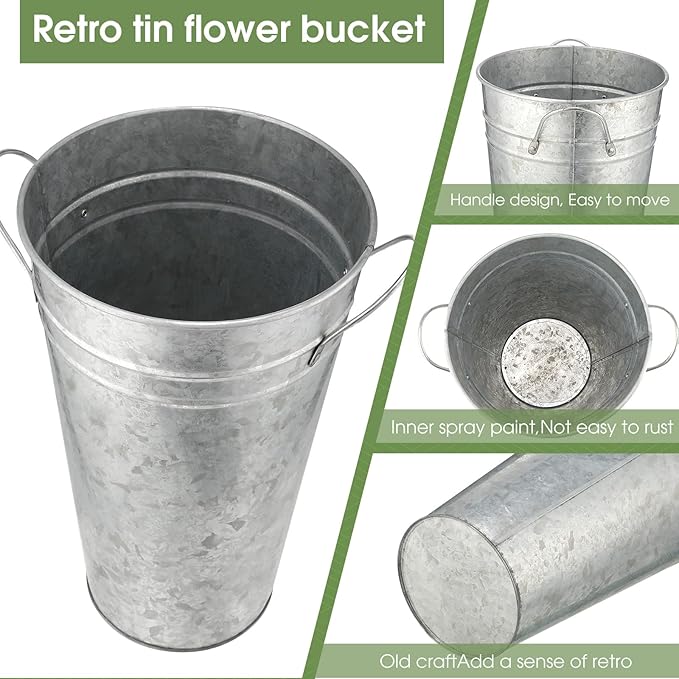 Irenare 12 Inch Vintage Galvanized Flower Bucket Metal Flower Vase Farmhouse French Bucket Planter Metal Floral Container for Party Table Centerpiece Weddings Home(Silver,6 Pcs)