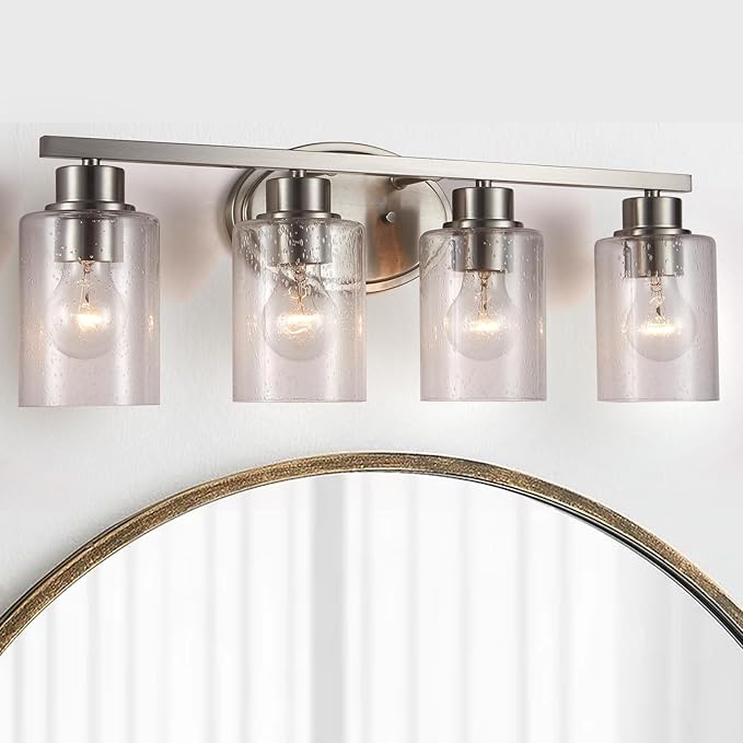 Bathroom Vanity Light Fixtures Over Mirror, Seeded Glass Bathroom Vanity Light, 4 Light Brushed Nickel Bathroom Light Fixtures with Clear Glass, Modern Rustproof Vanity Light Wall Mount