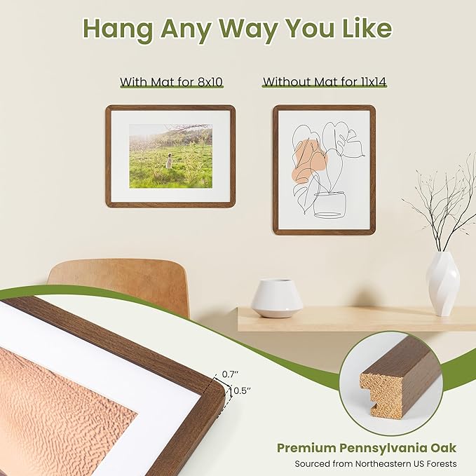 11x14 Round Corner Picture Frame, Solid Oak Photo Frame With Mat For 8x10, Plexiglass Framing And Hanging Hardware For Wall Or Tabletop Poster Frame, Walnut, 3 Pack