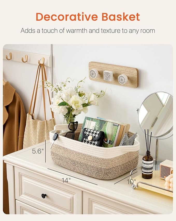 KALLAX Small Woven Basket, 14 x 10 x 5.6 Inches, Small Storage Baskets for Organizing, Gift Baskets Empty, Cute Rope Shelf Closet Storage Bins for Shelves, Dog Toy Basket, Gradient Brown