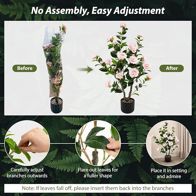 Goplus 38’’ Artificial Camellia Tree, Flower Plants Artificial Tree, Faux Floral Plant Blooming Tree in Cement Pot, Greenery Potted Plant for Indoor Outdoor Office Home Porch Decor