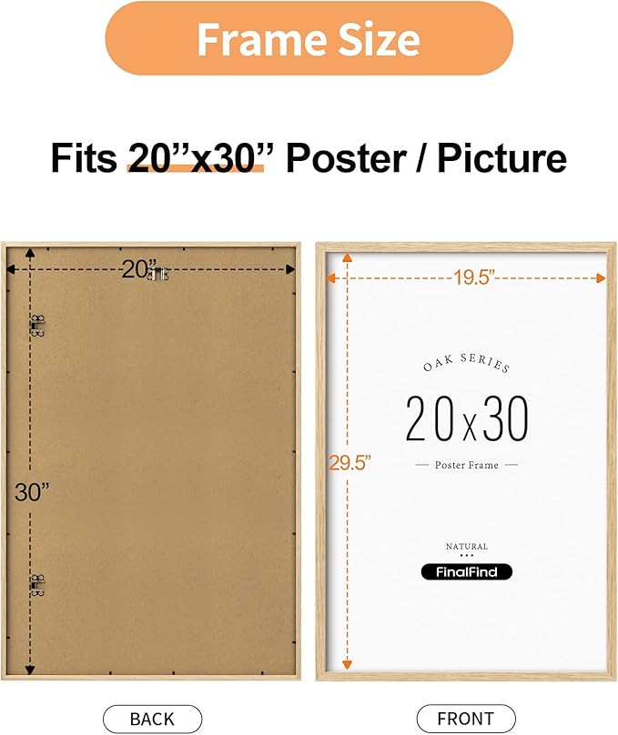 Minimalist 20x30 Frame, Natural Solid Oak Wood 20x30 Poster Frame, Lightweight for Wall Mounting(Single, Oak)