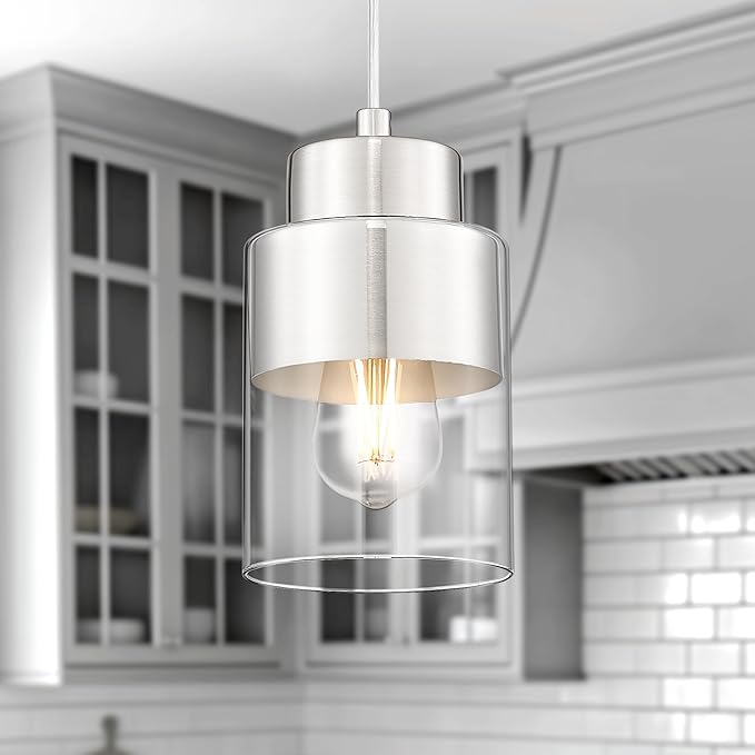 2-Pack Pendant Lights Kitchen Island, Brushed Nickel Dual Shade Hanging Lights Fixtures with Metal and Clear Glass, Kitchen Pendant Lighting Over Island for Dining Room, AD-24022-1P2-SN