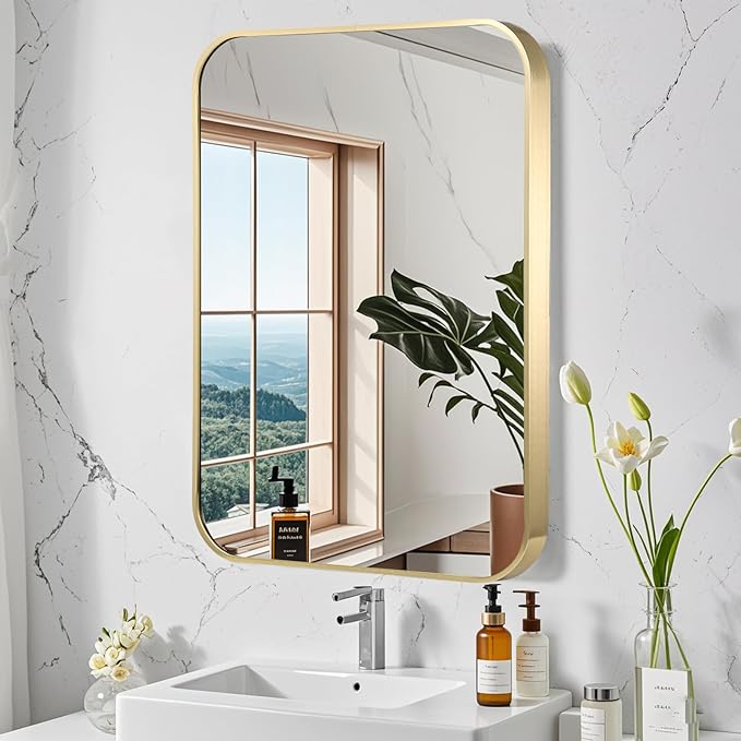 FARMER 24x36 Inch Gold Bathroom Mirrors for Wall, Brushed Brass Bathroom Vanity Mirror with Rounded Edge, Metal Framed Rectangle Mirrors for Bathroom, Hangs Horizontally or Vertically