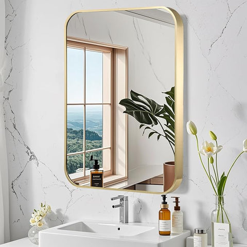 FARMER 24x36 Inch Gold Bathroom Mirrors for Wall, Brushed Brass Bathroom Vanity Mirror with Rounded Edge, Metal Framed Rectangle Mirrors for Bathroom, Hangs Horizontally or Vertically