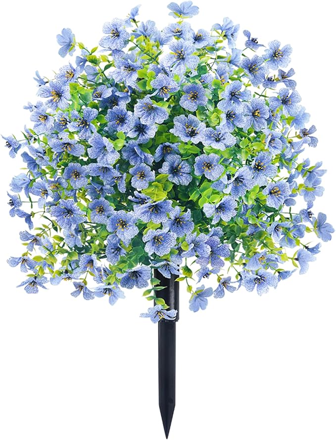 Topiary Trees Artificial Outdoor, 23.6" UV Protected Faux Flowers, Ground Spikes Outdoor Artificial Plants for Garden, Swimming Pool and Front Porch Decor (Blue)