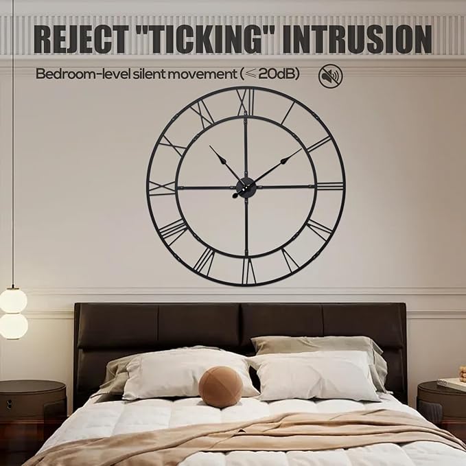 Large Wall Clock for Living Room Decor – 40 Inch Silent Non-Ticking Modern Farmhouse Wall Clock, Oversized Decorative Metal Roman Numeral Clock, Black