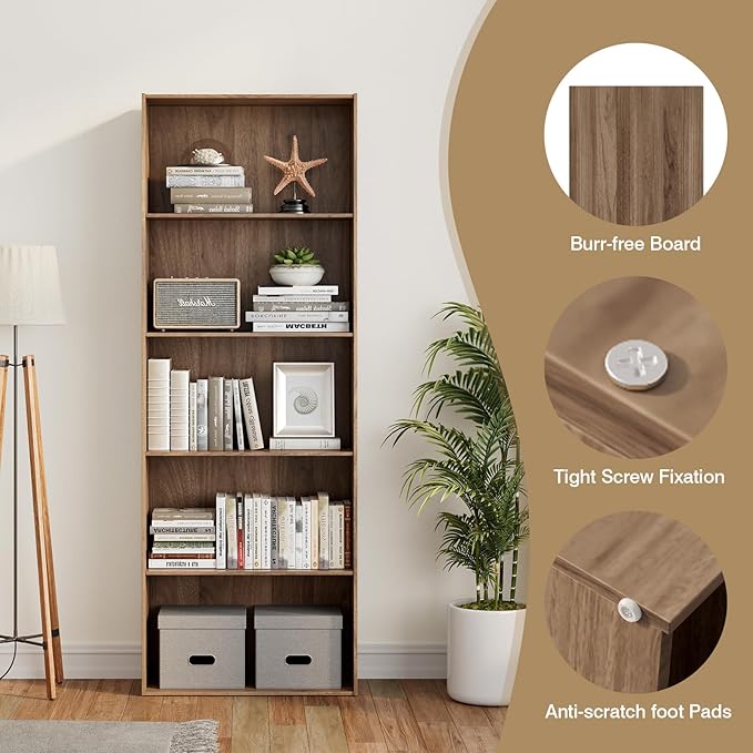 Tangkula 5-Tier Bookcase, 67” Tall Freestanding Bookshelf with 5 Open Shelves, Anti-Toppling Kits, Floor Display Storage Organizer for Living Room, Study, Kitchen, Home & Office (Rustic Brown, 67" H)