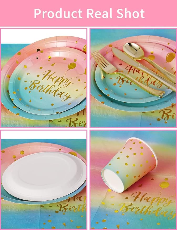 Birthday Party Tableware, 161 Pieces Rainbow gold Party Supplies, Party Dinnerware Sets Include Paper Plates Napkins Cups Silverware, for Shower Engagement Parties Decoration -20 Serves