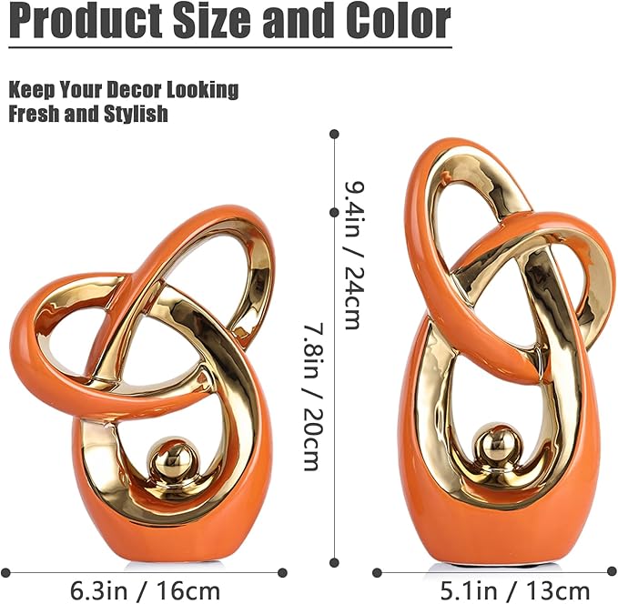 Orange Modern Abstract Art Home Decor Accent,Statues Coffee Table Decor for Living Room,Table Centerpieces for Dining Room,Ceramic Sculptures and Gold Knick Knacks for TV Stand Decor (Orange Gold)