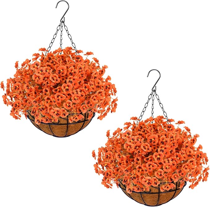 Agusbagli Artificial 2 Pack Hanging Fall Flowers with Baskets for Outdoors Fake Autumn Plants UV Resistant Faux Orange Hanging Flowers Basket Decor for Porch Patio Yard Window Home Fall Decor