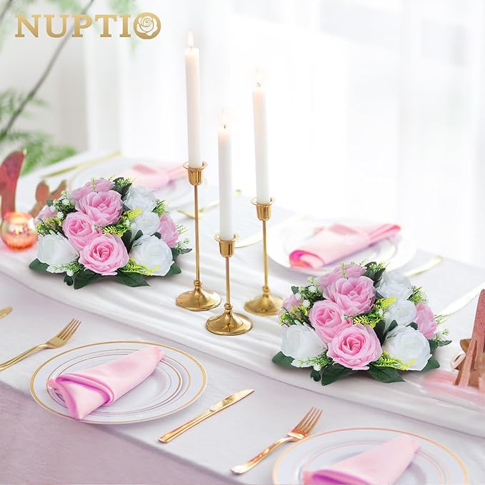 NUPTIO Pcs of 6 Fake Flower Ball Arrangement Bouquet,15 Heads Plastic Roses with Base, Suitable for Our Store's Wedding Centerpiece Flower Rack for Parties Valentine's Day Home Décor (Pink & White)