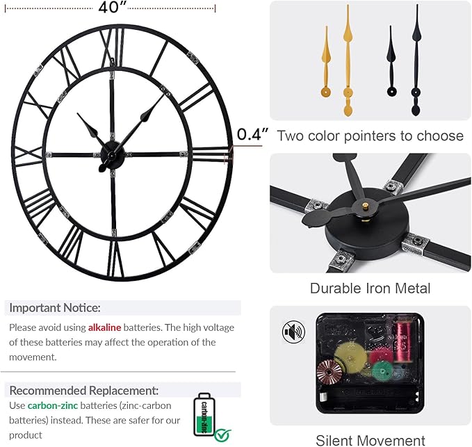 Large Wall Clock for Living Room Decor – 40 Inch Silent Non-Ticking Modern Farmhouse Wall Clock, Oversized Decorative Metal Roman Numeral Clock, Black