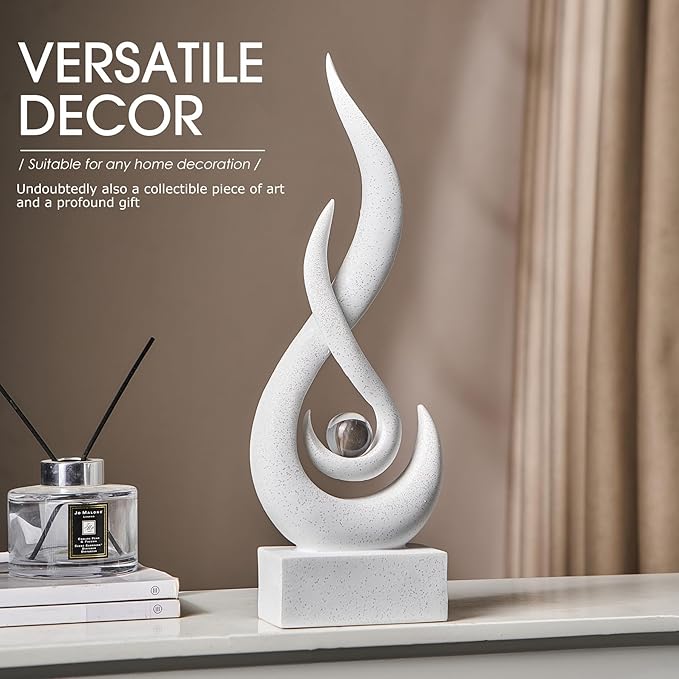 White Decor Modern Flame Statue Home Decorations for Living Room, 13.7" H Shelf Decor Accents, Abstract Art Resin Sandstone Sculpture for Dining Room Office Coffee Table Centerpiece (Sandstone White)