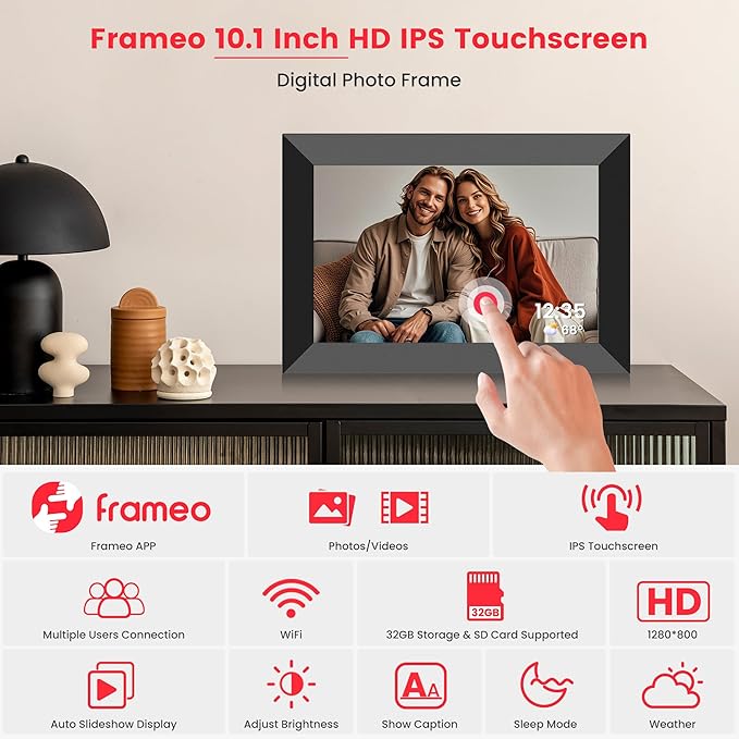 Frameo 10.1 Inch WiFi Digital Picture Frame, Smart Cloud Electronic Photo Frame with HD IPS Touch Screen Slideshow 32GB Memory Auto-Rotate Wall Mount, Share Photos/Videos from Phone by Frameo App