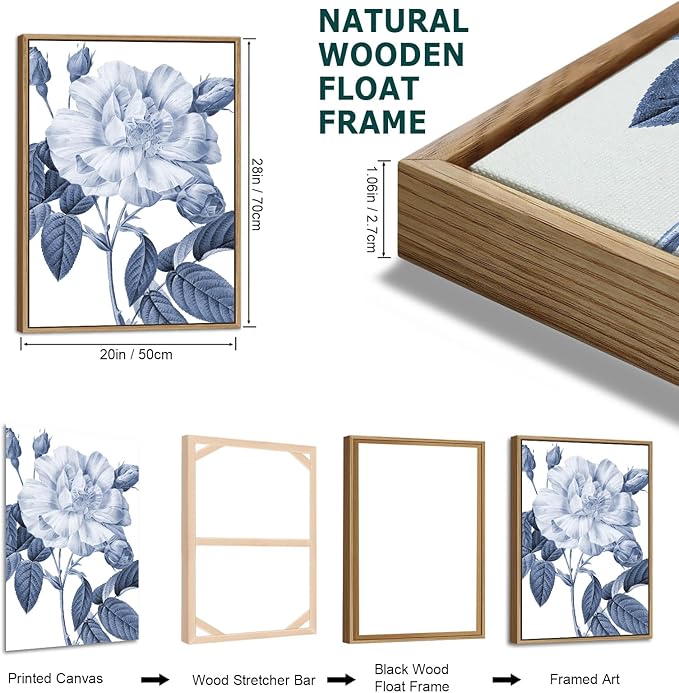 Large Framed Canvas Wall Art - Natural Float Framed Blue Gray Flowers Pictures Decor Rustic Blossom Leaves Botanical Artwork for Living Room Bedroom Kitchen Home Office Decoration 60" X 28" Set of 3