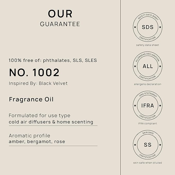 VINEVIDA [4 Fl Oz] Scent NO.1002 Inspired By Black Velvet Fragrance Oil For Cold Air Diffusers, Aromatic Notes of Amber Bergamot Rose, Essential Oils for Diffuser Oil Refill & Air Freshener Room Spray