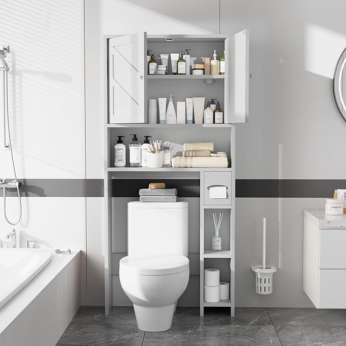 Meilocar Over Toilet Storage Cabinet with Toilet Paper Holder Stand, Freestanding Bathroom Storage Organizer Cabinet Space Saver W/Adjustable Shelf, White