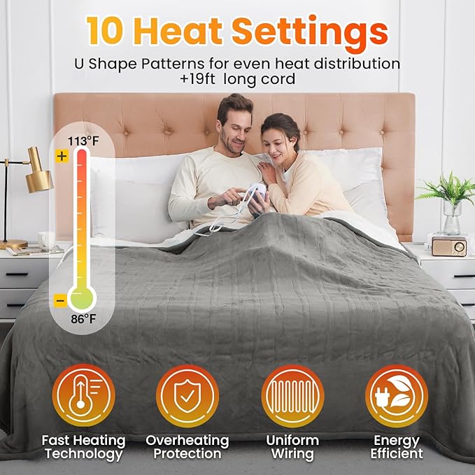 WOOMER Heated Throw Blanket Full Size, Soft Flannel Fast Heating Blanket with Multi-Color Option, 77"x 84", 10 Heating Levels & 0.5-12H Auto Off, Over-Heat Protection