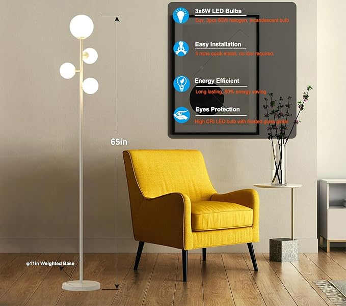 Fiqevs 4 Globe Floor Lamp for Living Room, Modern Standing Lamp with Frosted Sphere Glass Shade, 3000K Warm Light LED Bulbs Included, Tall Tree Lamp for Bedroom, Home & Office - White