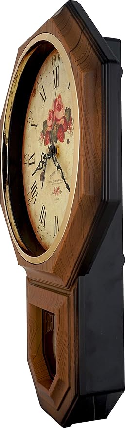 JUSTIME Traditional Schoolhouse Classic Vintage Rose Regulator Wall Clock, Chiming Wall Clocks with Pendulum & Westminster Chime Hourly, Schoolhouse Wall Decor Battery Operated (Light Wood Grain)