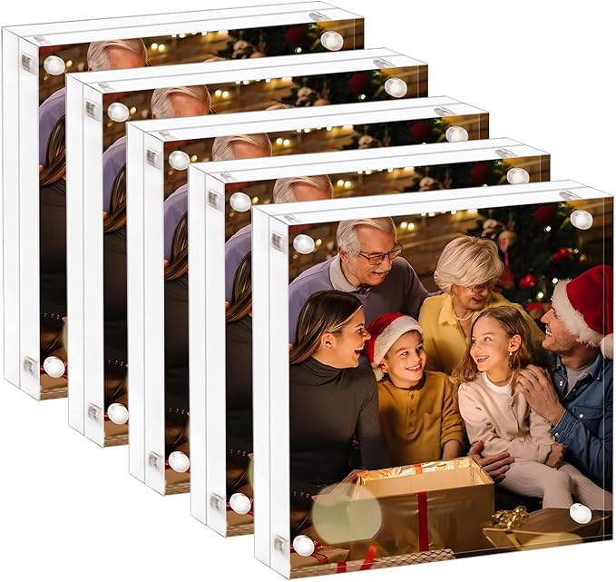 AMEITECH Acrylic Picture Frame 5x5-5 Pack, Clear Double Sided Frameless Photo Frame with Magnetic, Free Standing Desktop Acrylic Frame Display, Lucite Frame with Gift Box Package
