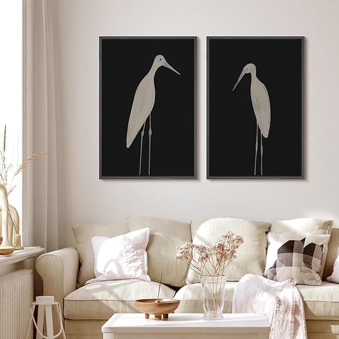 MUDECOR Framed Canvas Print Wall Art Minimalist Crane Silhouettes Illustrations Modern Art Decorative Bohemian Colorful for Living Room, Bedroom, Office - 16"x24"x2 Black
