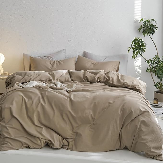 MooMee Twin Duvet Cover Set, 100% Washed Cotton Linen Like Twill Thick Sturdy Material Super Soft Breathable Durable Bedding for All Season, 2 Pieces (Mocha Brown, Twin 68"x90")