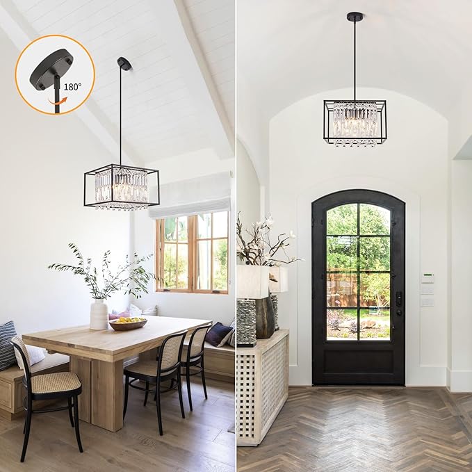 Modern 4-Light Dining Room Chandelier,Farmhouse Black Metal Chandelier,Crystal Square Industrial Pendant Light Fixture for Kitchen Island Living Room Foyer Hallway Entryway 15.75"
