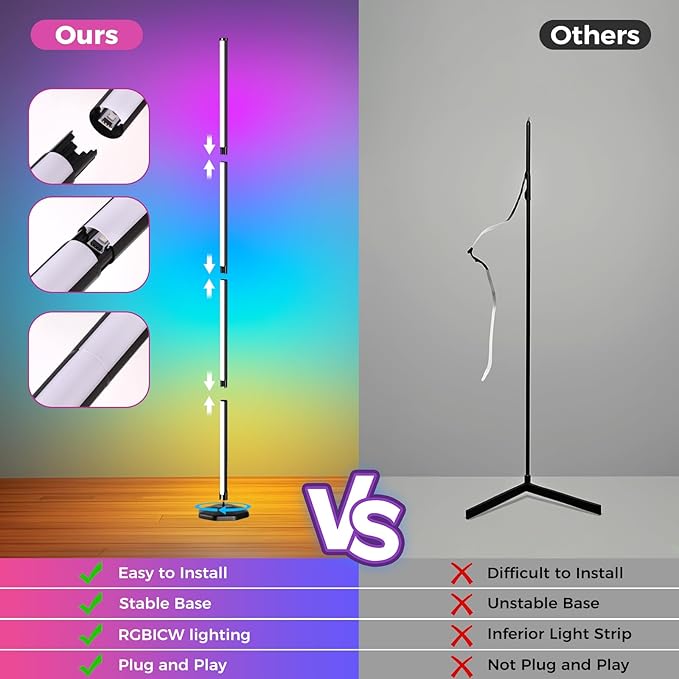 DomeStar RGB Corner Floor Lamp with Remote and App Control, Color Changing Smart Light with Music Sync Mode - Modern Mood Lighting for Bedroom, Living Room, Gaming Setup and Aesthetic Room Decor