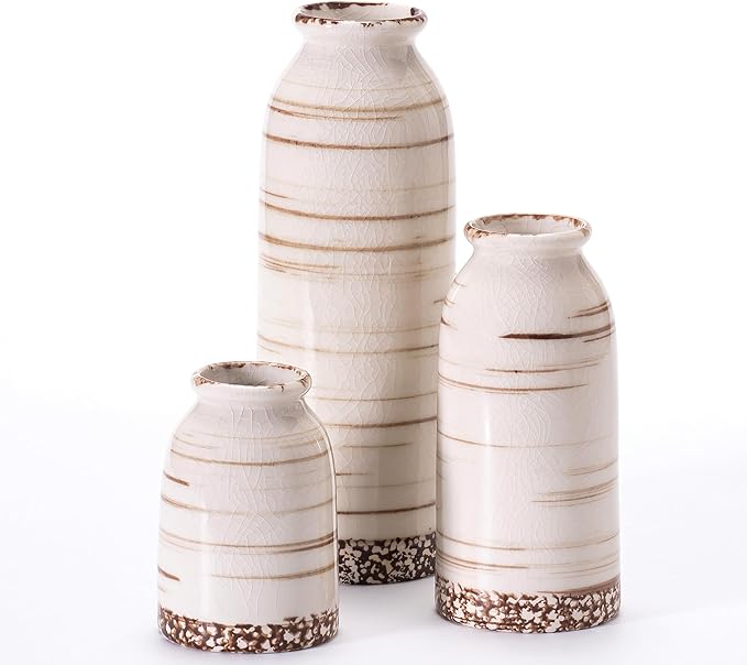 Beige Ceramic Vase Set of 3, Farmhouse Decorative Vase for Pampas Grass, Living Room, Bathroom, Bookshelf, Centerpieces Beige