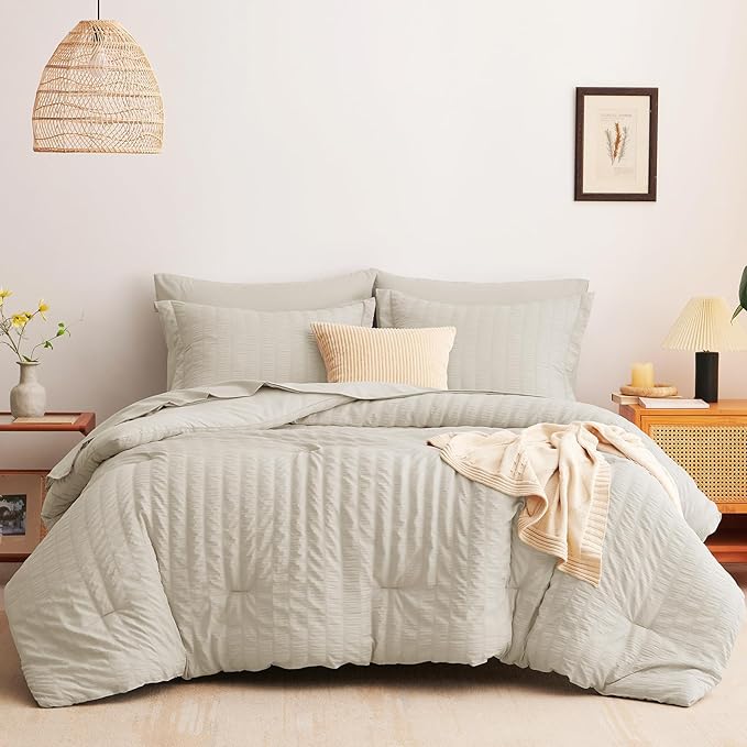 CozyLux Queen Comforter Set Oatmeal Seersucker 7 Pieces Bed in a Bag Queen Comforter Set with Sheets Luxury Soft Bedding Set with Down Alternative Comforter, Sheets, Pillowcases & Shams for All Season