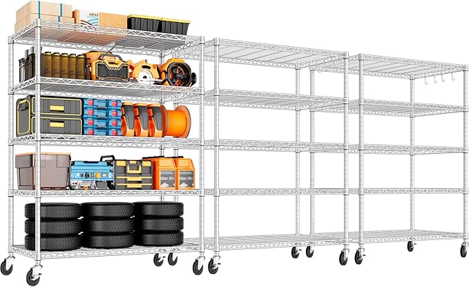 PrimeZone 3 Pack 48" W Wire Shelving Heavy Duty with Wheels,5 Tier Adjustable Garage Storage Shelves Unit,Rolling Metal Organizer Shelf Utility Rack Warehouse,Pantry,Chrome 48" Wx24 Dx81 H