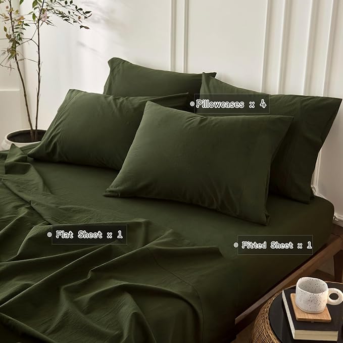 6PS Linen Like Bedding Sheet Sets Olive Green Queen Size Cotton Bedding Set Oeko-TEX Standard 100% Washed Cotton Deep Pocket Queen Size Fitted Sheet Plus Cozy Flat Sheet and 4 Pillowcases