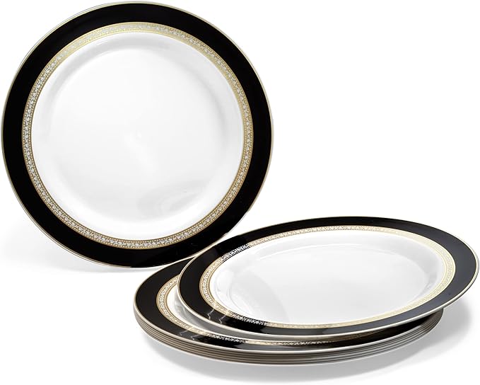 " OCCASIONS " 240 Plates Pack,(120 Guests) Heavyweight Premium Disposable Plastic Plates Set -120 x 10.5'' Dinner + 120 x 7.5'' Salad/Dessert (Ritz Black and Gold)