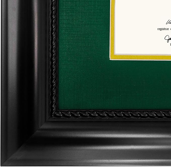 11x14 Diploma Degree Frame with Green Mat or Display 15x18 Certificates without Mat,Solid Wood,Black Finish with Intricate Black Rope Detail,UV Protection Acrylic