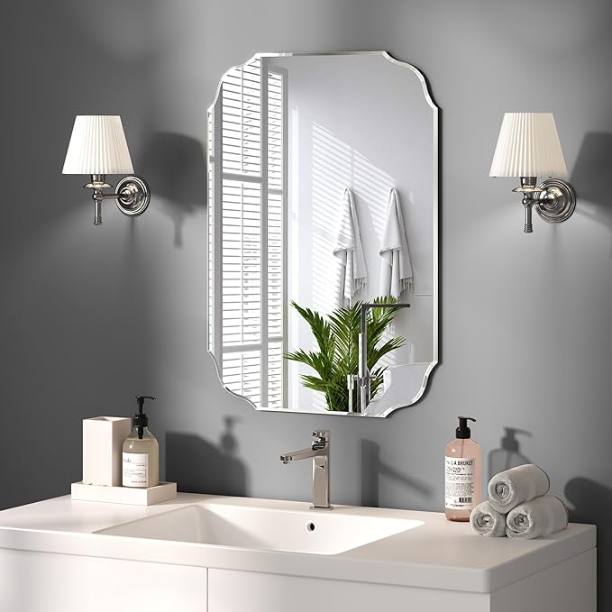 KOHROS Silver Bathroom Mirror 18" x 24" Frameless Rectangle Beveled Edge Bathroom Vanity Mirror for Over Sink, Wall Mirror for Small Bathroom Vanity Bedroom Hanging Horizontally or Vertically