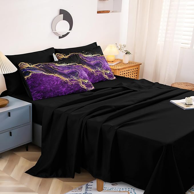 Gold Comforter Set 8 Pcs Purple Marble Bedding Set King Size Bed in A Bag Purple and Black Marble Stone Texture Abstract Room Decor Bed Comforter