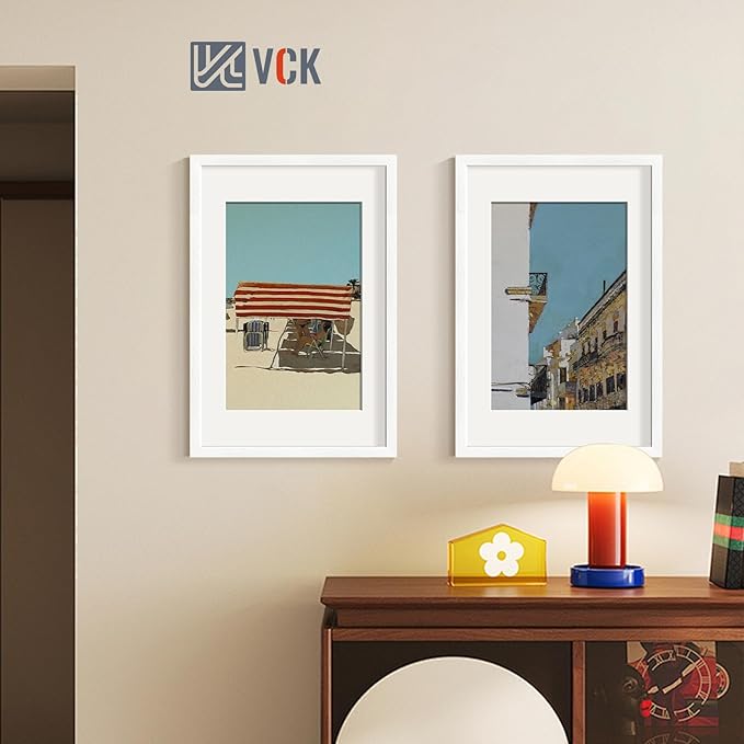 VCK 16x24 Poster Frame 5 Pack, Matted to 12x18 or 16x24 without Mat, Textured Exclusive Solid Wood Picture Frame, White