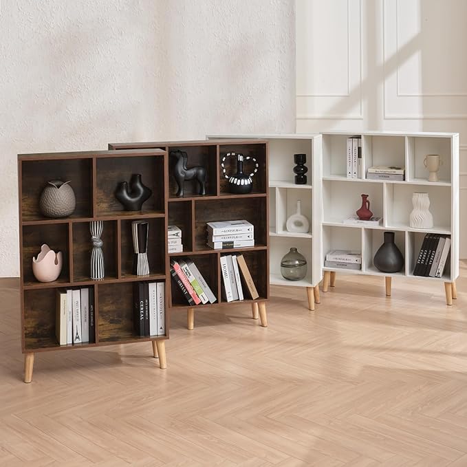 7 Cube Wood Bookshelf, 3 Tier Modern Bookcase with Legs, Open Display Cubby Bookshelf Freestanding Book Shelves for Home Office, Living Room, Bedroom, White