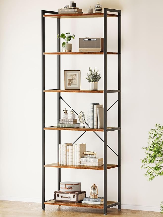 Casaottima Book Shelf, 6 Tier Tall Bookshelf, Modern Wood Bookcase Shelves for Bedroom, Industrial Display Shelf for Living Room Home Office Kitchen, Standing Shelving Unit Storage Organizer, Vintage